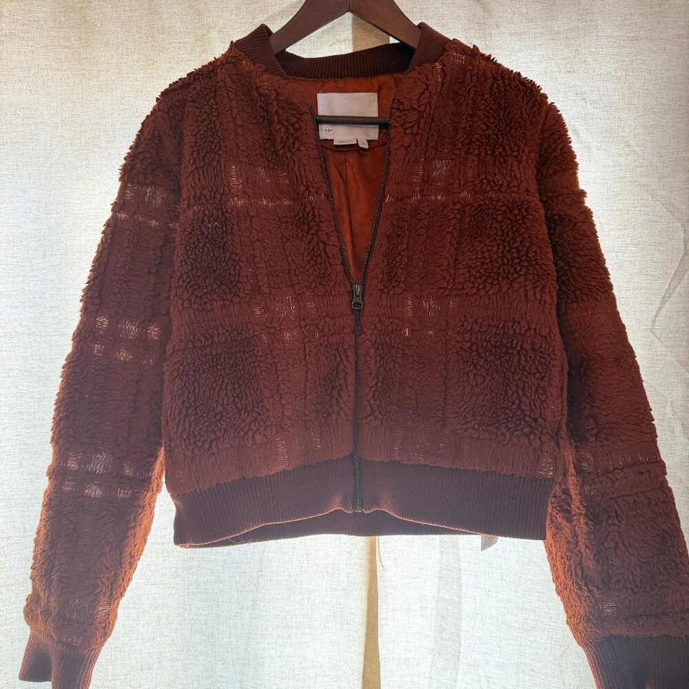 Anthropologie Plaid Teddy Bomber Jacket Orange Fuzzy Zip Size Small
